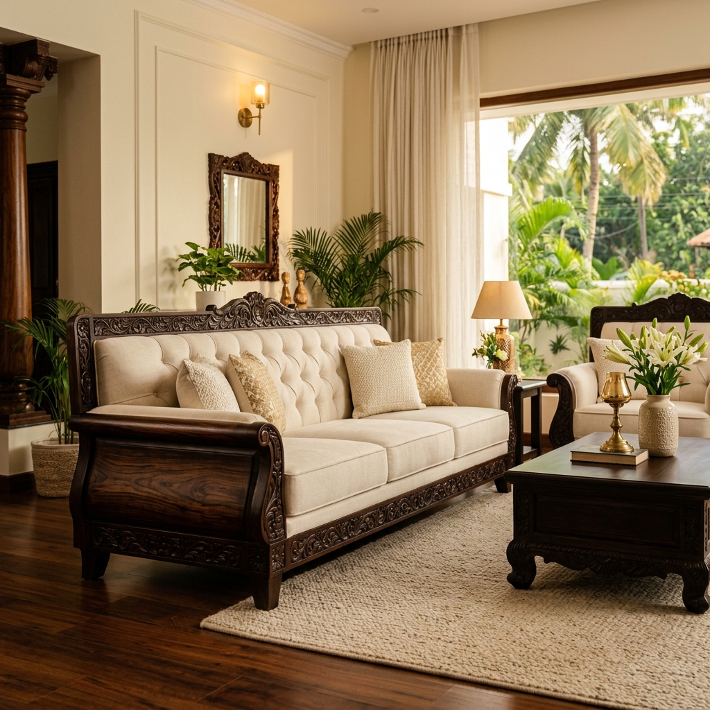 Kerala Deewood collection furniture — rich dark wood finish with cream upholstery